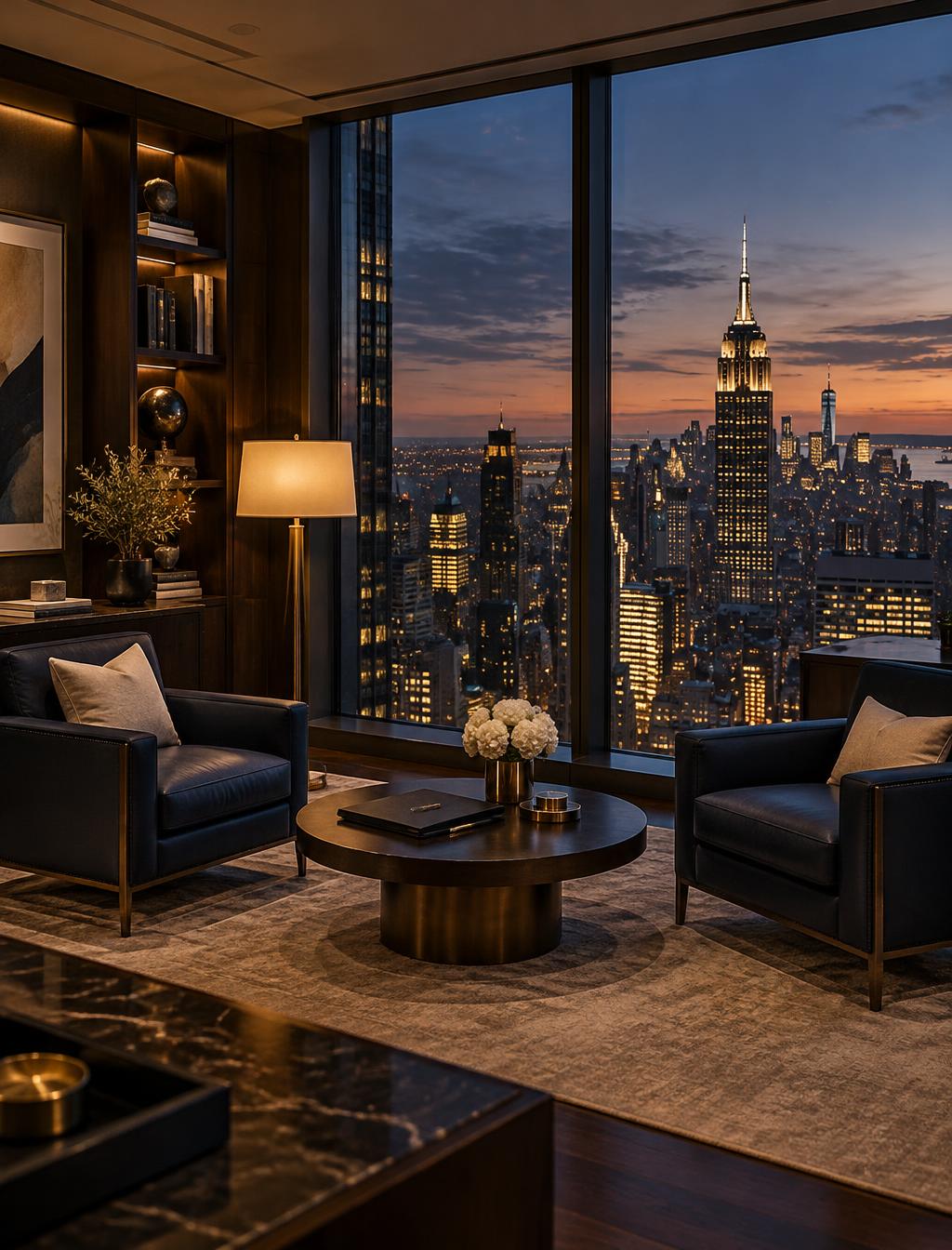 Elegant advisory office with a view of the city skyline at dusk